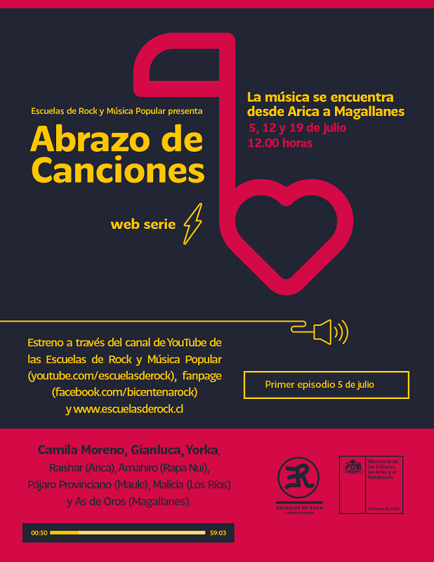 MINISTERIO DE LAS CULTURAS UNE A MÚSICOS DE ARICA A MAGALLANES EN FESTIVAL ONLINE ABRAZO DE CANCIONES afiche