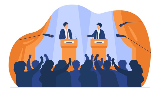 politicians talking having debates front audience flat vector illustration cartoon male public speakers standing rostrum arguing 74855 8533