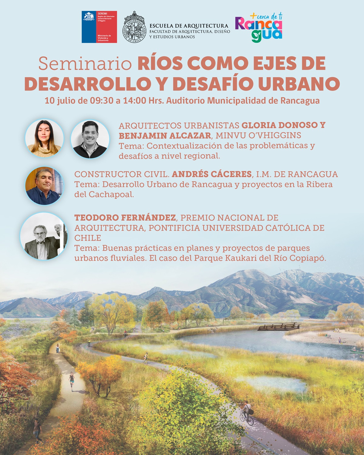 MINVU OHIGGINS INVITA A PARTICIPAR DEL SEMINARIO SOBRE RÍOS COMO EJES DE DESARROLLO URBANO A REALIZARSE EN RANCAGUA AFICHE SEMINARIO 1